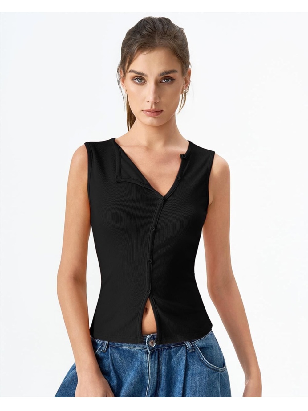 Amazon 🖤 Soft Girl Ribbed Button Front Tank Top | Y2K Chic Essential